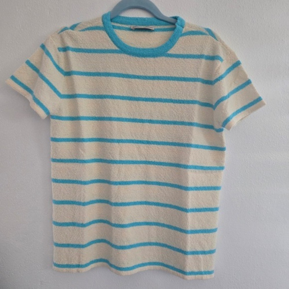 Zenana Women Turquoise Blue Striped Terry Cloth Short Sleeve Top Large TW-2697Y